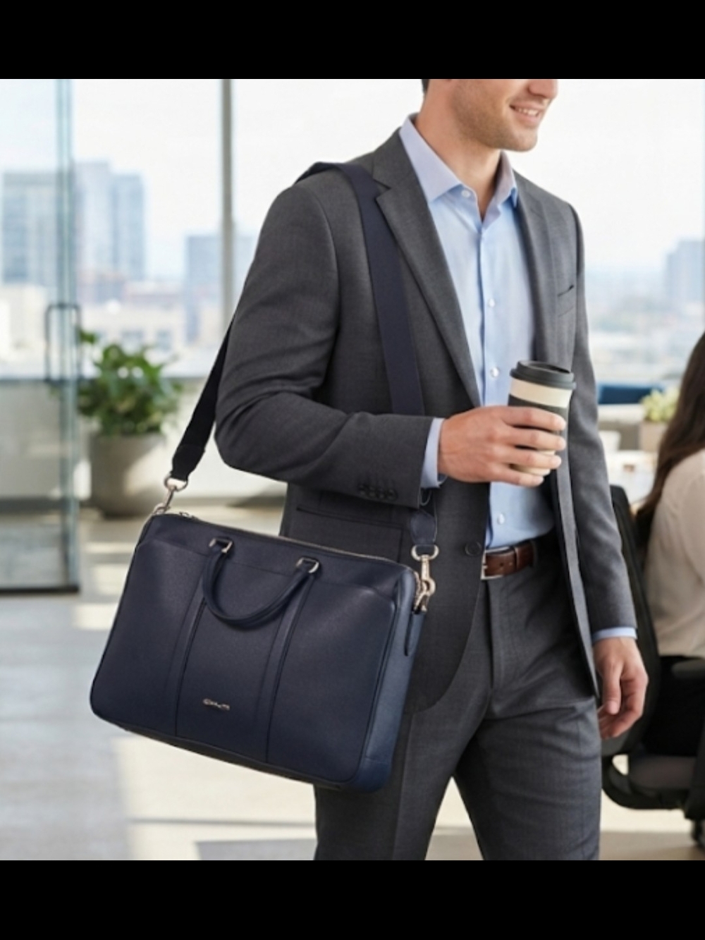 Coach Men's Navy Crossgrain Leather Briefcase 17" Laptop Bag Work Portfolio Stra